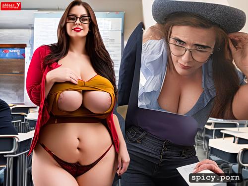 full body view, chubby busty bbw teacher, glasses, huge tits