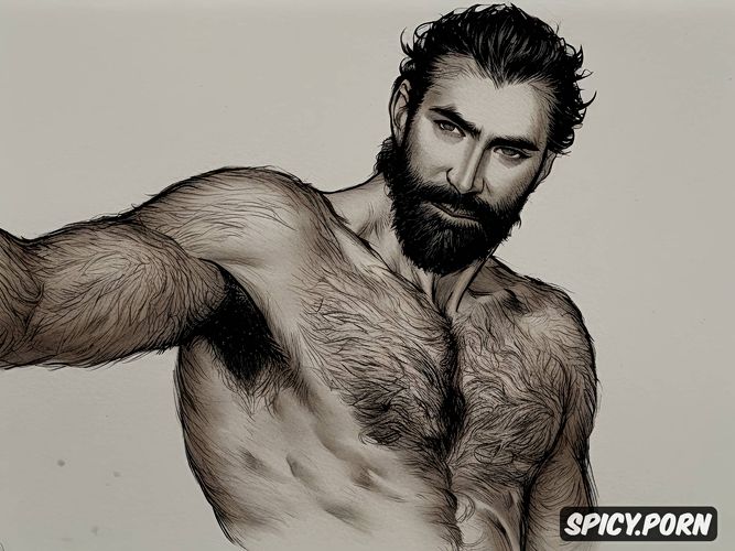 bearded hairy man, 35 yo, dark brown eyes, intricate hair and beard