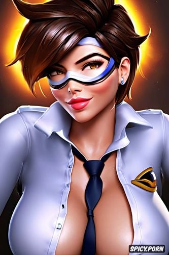 ultra detailed portrait, ultra realistic, tracer overwatch female president of the united states black blazer white shirt shirt unbuttoned beautiful face full lips milf