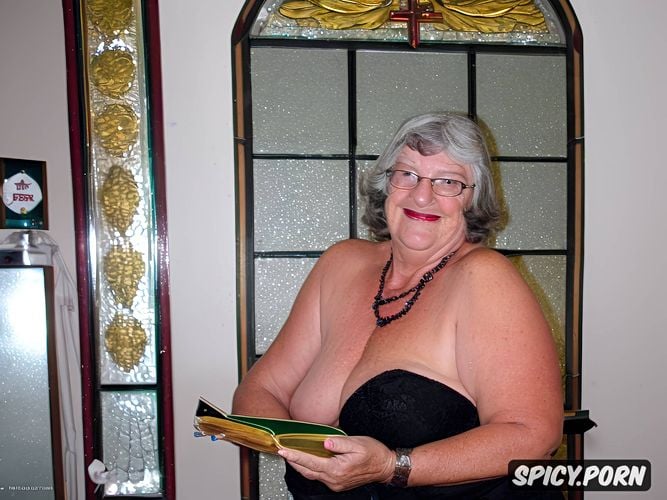 saggy big hanging breasts, altar, catholic, happy, naked obese body