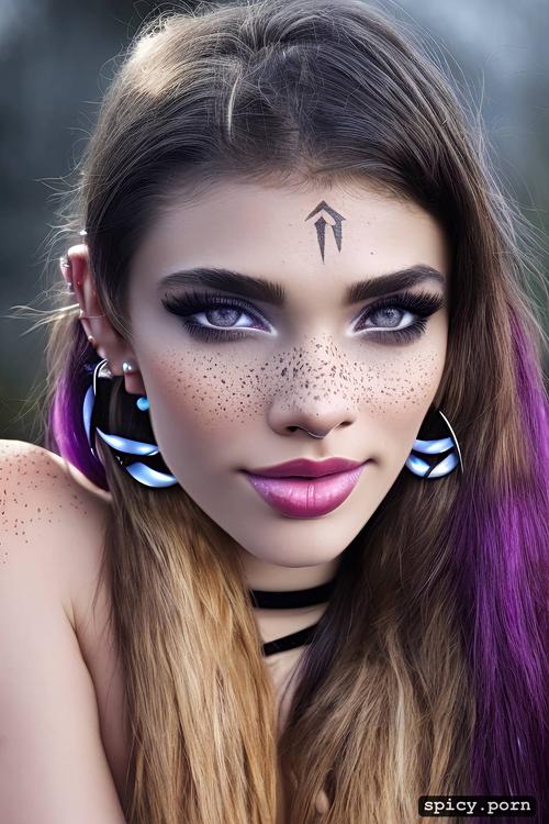 long straight light purble hair, tribal tattooes, huge boobs