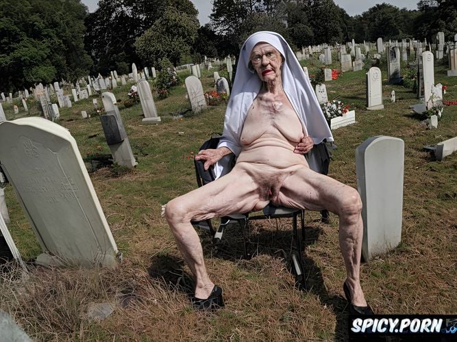 catholic nun, pale, very old granny, cemetery, spreading cellulite legs