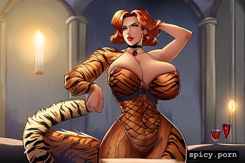 tiger paws, busty, gargantuan boobs, cat eyes, tiger woman, 1girl