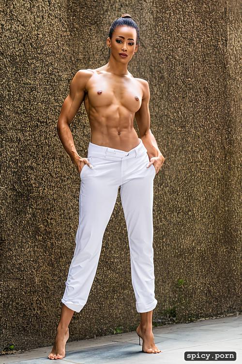 tall, side view, white karate pants, curving stomach, uhd photo
