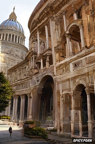 big hips, big natural breasts, pale skin, historical roman buildings in the background