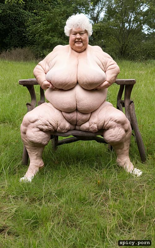 full body, sexy, wrinkled body, fat granny, white hair, photo realistic