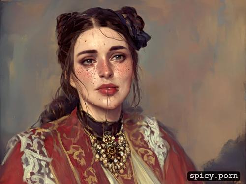 freckles, collar, lush full lips, french braid, 19th century 48 yo russian grand duchess