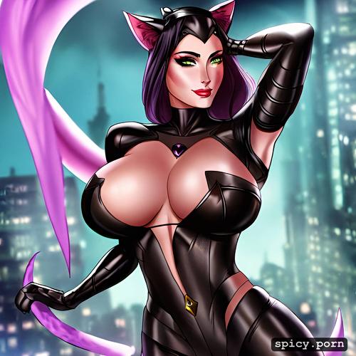 multiple breasts, cat tail, huge breasts, catwoman, cat eyes