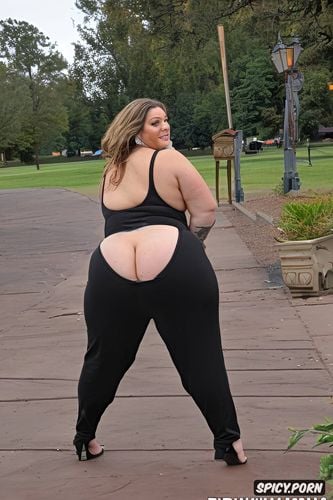 from behind, sweat pants, facing camera, tank top, colossal boobs
