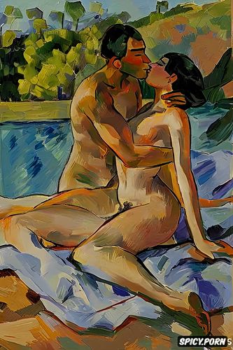 fauves, penis, painterly, man and woman, pulling hair, tender outdoor nude kiss impressionist
