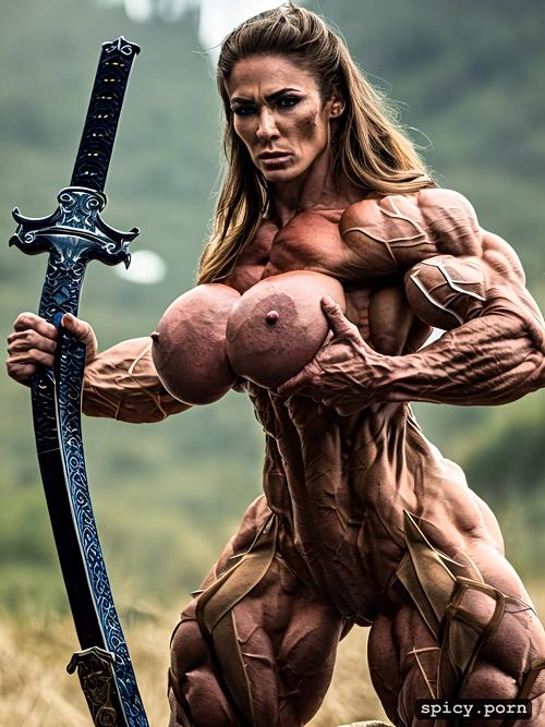 photorealistic, massive abs, nude muscle woman, protecting weak woman