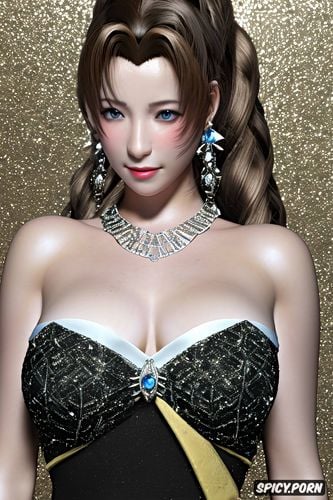 aerith gainsborough final fantasy vii remake beautiful face milf full lips low cut strapless black evening gown