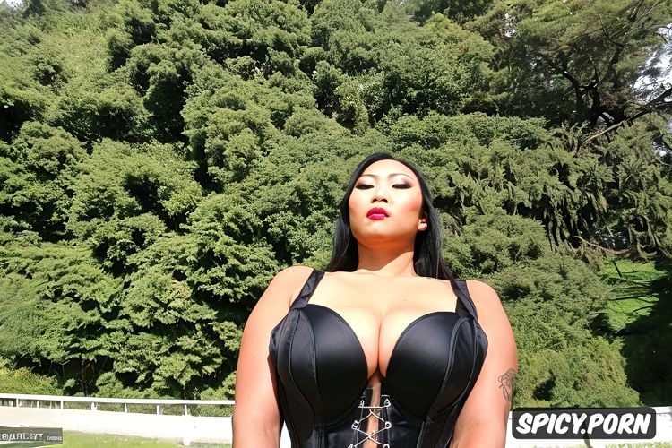 no makeup, big boobs, leaked pic style, low quality camera dominatrix corset under bust cleavage asian