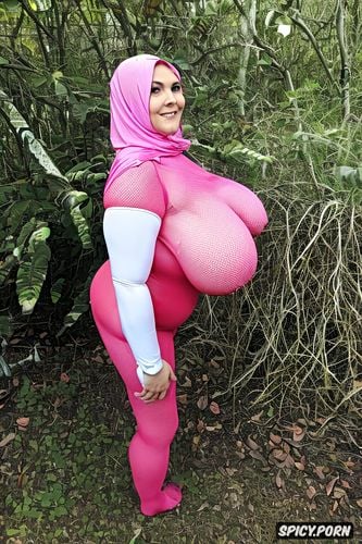 dancing fat romanian whore with fat face and fat body wearing hijab spandex and walking near the beach