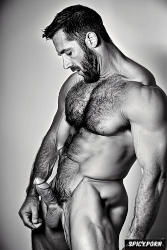 bodybuilder thick 12 inch penis and large low hanging testicles hairy chest defined abs large biceps and pecs sweaty fucking a masculine