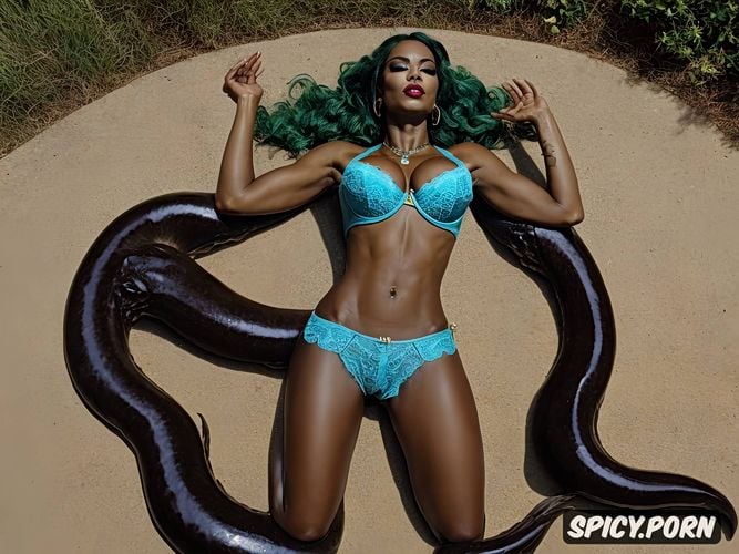 athletic, filipino woman vs giant anaconda thick tentacle, lace lingerie