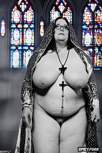 cross necklace, full body nude, stained glass windows, fat, very old granny nun