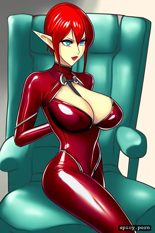 bright red hair single white woman blue eyes beautiful face pale skin goth elf bob haircut silky hair shiny hair ultra sharp petite build ultra realistic medium boobs wet look latex corset catsuit collar choking gasping shiny metallic tied up bondage straps tied to chair