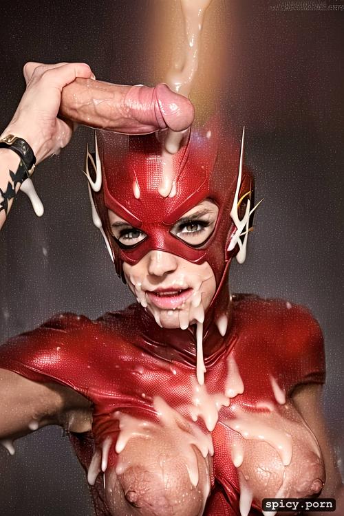 cum dripping, 18 yo teen, flash costume with medium 8k shot on canon dslr