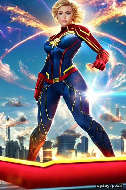 ultra detailed, skyscraper roof, captain marvel, tits out, angry look