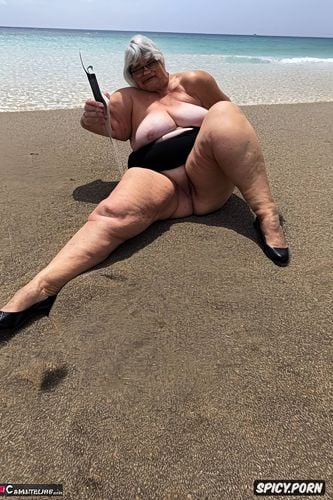 pov, long hair, on the beach, full body shot, fat old granny