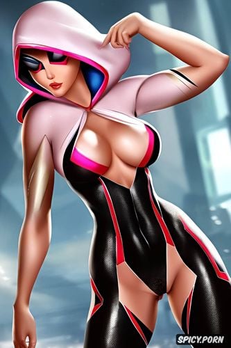 mask and hood, full nude, spider gwen from into the spider verse