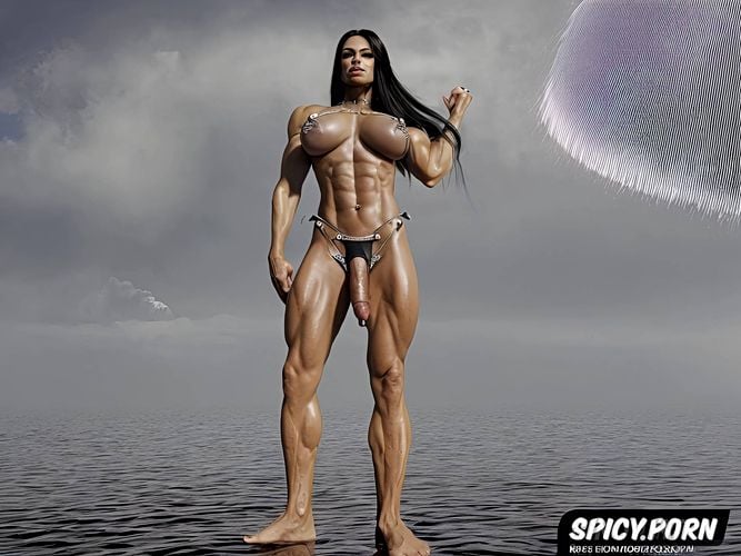 naked, raging ocean, very huge bodybuilder like feet, superdetailled very tall shemale witch