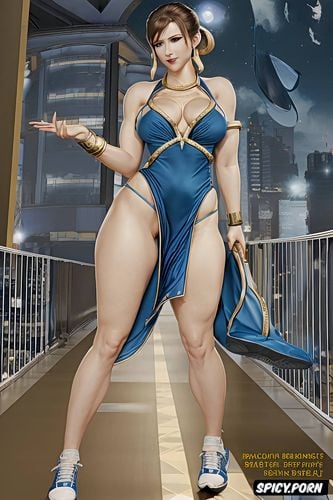 long dark blue dress, one hand on hips, chun li, smokey eyes