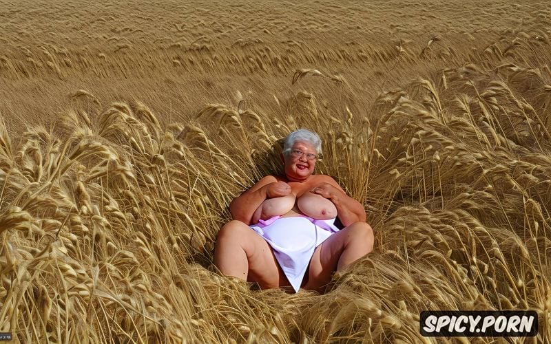 saggy tits, sitting on the grass of wheat field, short blond white curly hair