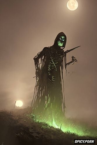 haunted clearing at night, some meters away, realistic, haunting human skeleton
