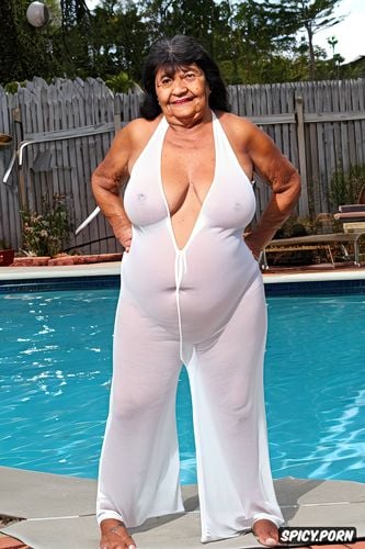 small boobs, layered flabby loose belly, she smile, wearing a wet sleeveless tight white sheer jumpsuit