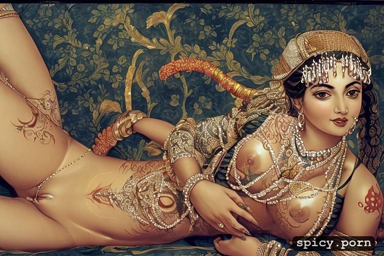 smiling, european 18th century paintings, breasts covered by intricate tattoos