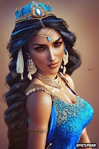 long soft wavy black hair in a braid, flowing low cut sheer blue arab dress